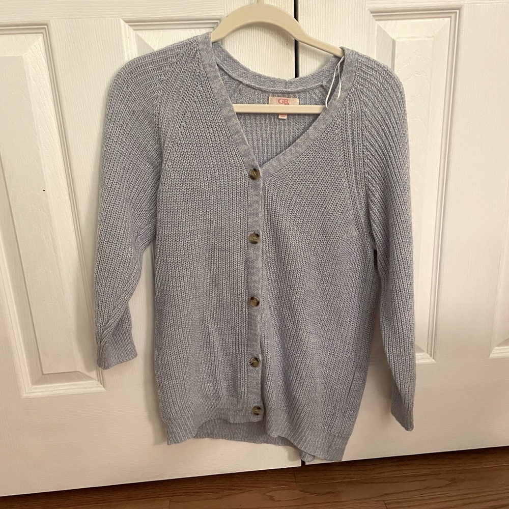 blue button down sweater